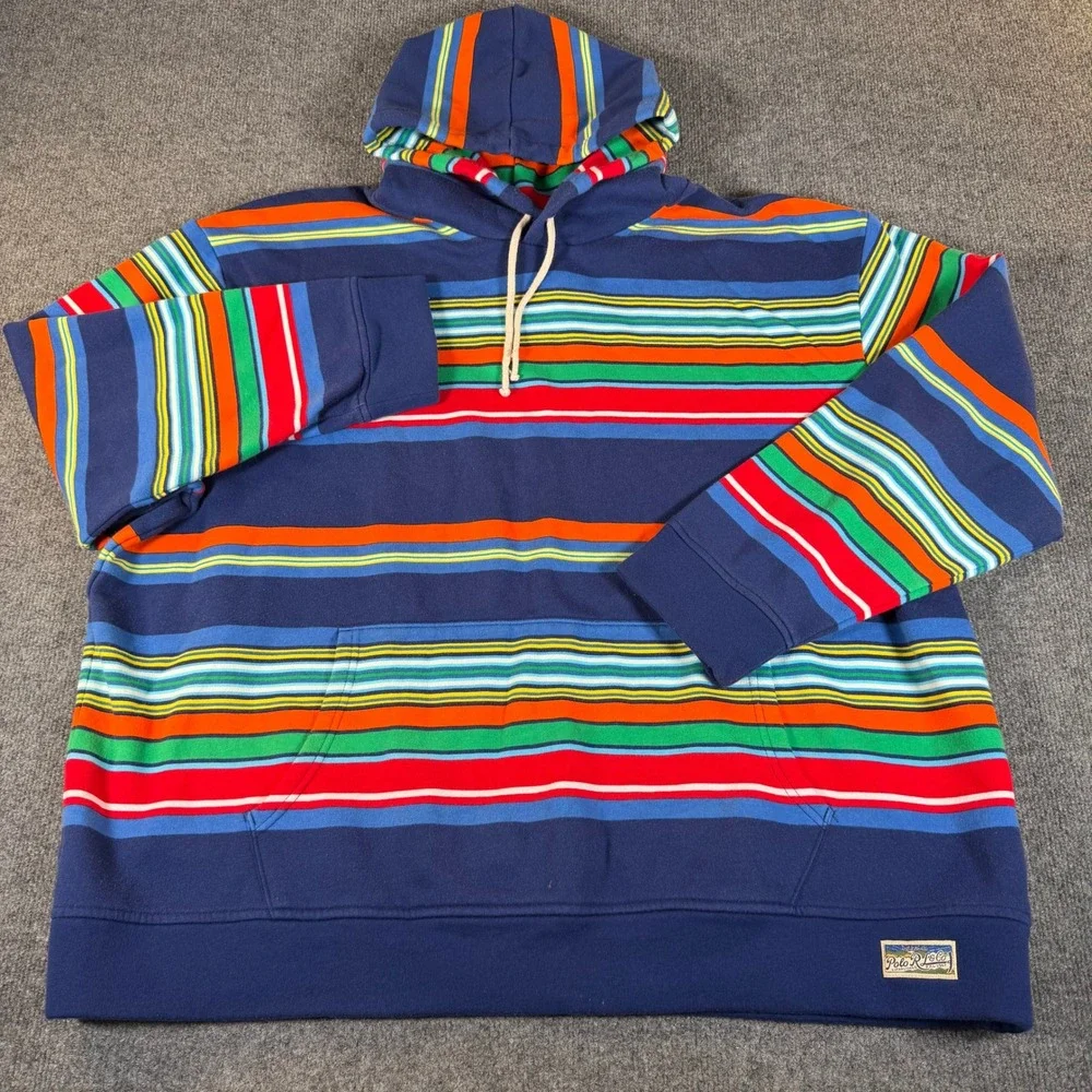 Polo Ralph Lauren Mens 3XB Multi Color Striped Fleece Pullover Hoodie Blue #3789